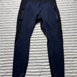 Athleta Women's Black Navy Ankle Leggings Colorblock Pockets Logo Size Large